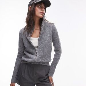 Topshop | knit fluffy zip through cardigan in gray
